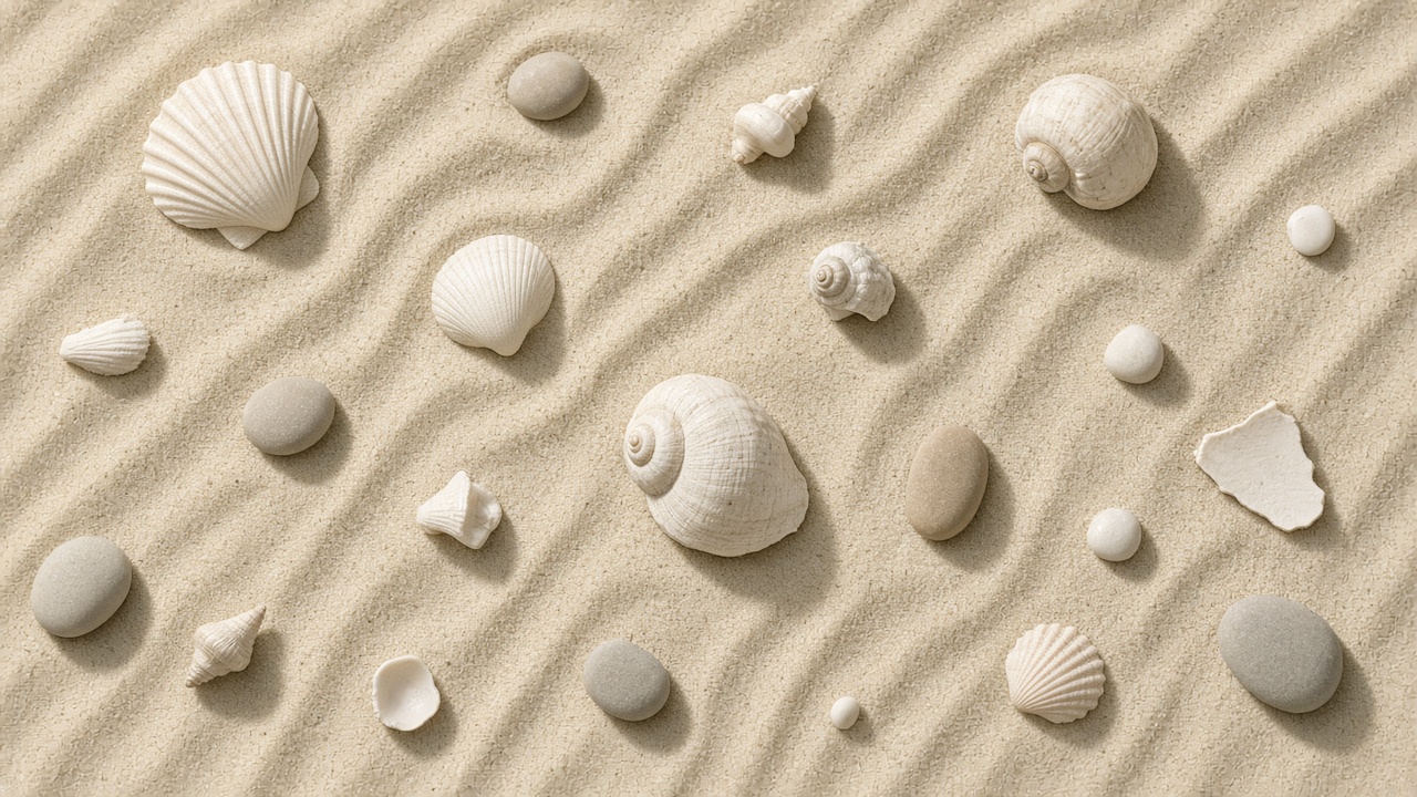 Minimal flat-lay of pale seashells and smooth pebbles arranged on soft beige rippled sand with gentle shadows, calm neutral palette, original AI aesthetic wallpaper