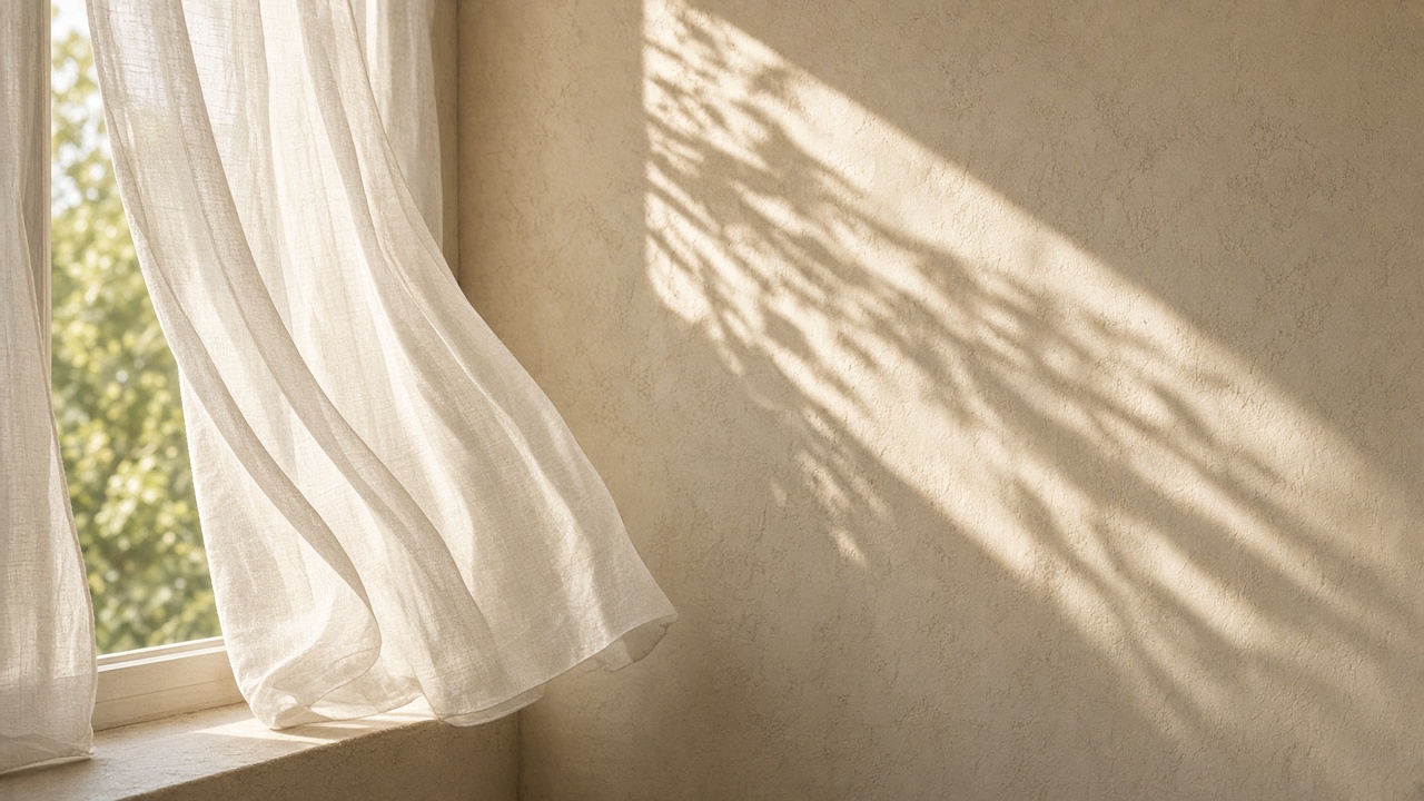 Sheer white linen curtain gently blowing beside a window with warm morning sunlight and soft shadows on a plaster wall, original AI aesthetic wallpaper