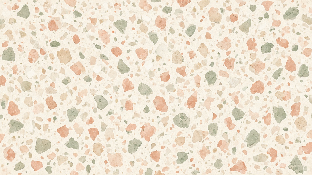 Seamless pastel terrazzo pattern with chips of sage, peach and cream, flat lay, modern aesthetic, original AI aesthetic wallpaper