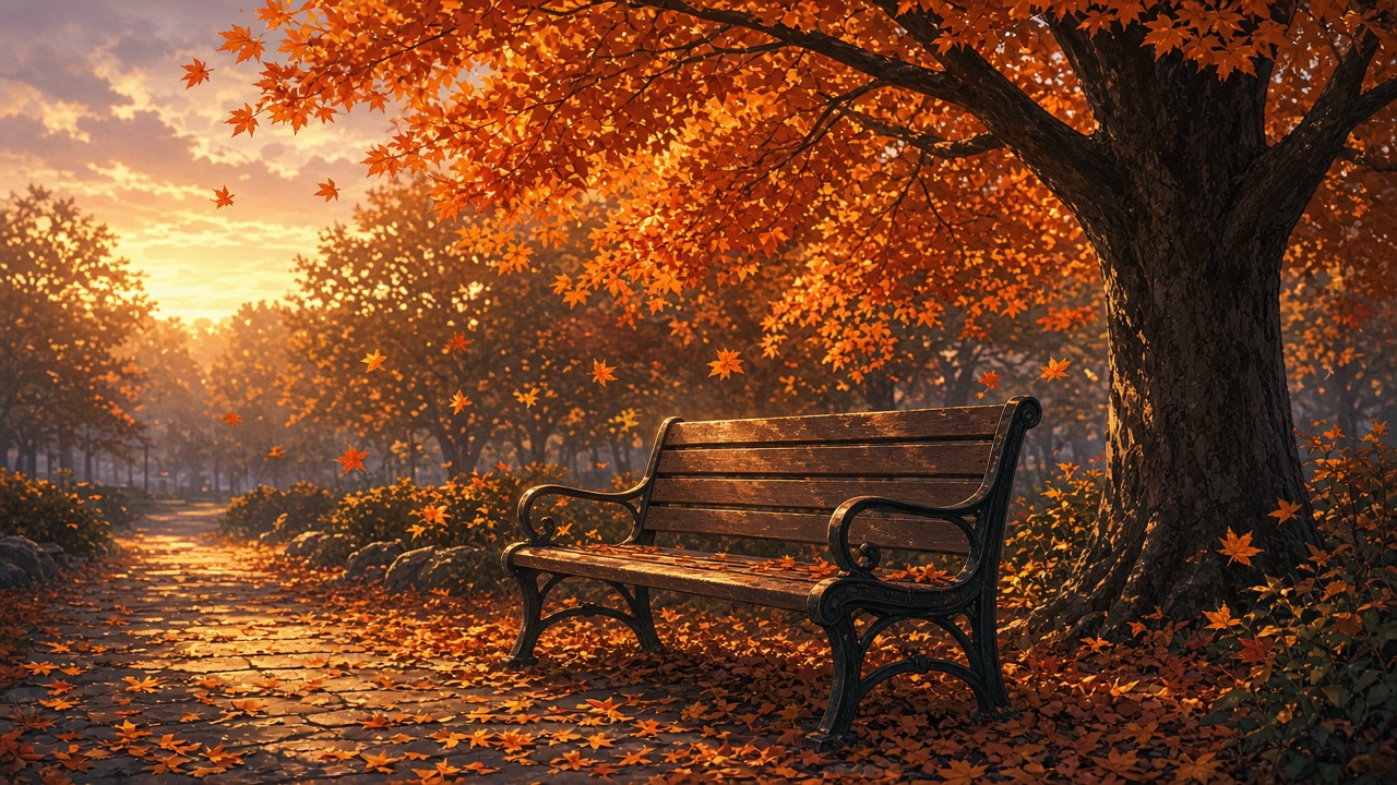 Anime style empty park bench under glowing orange maple trees with leaves falling in late afternoon light, original AI anime-style wallpaper