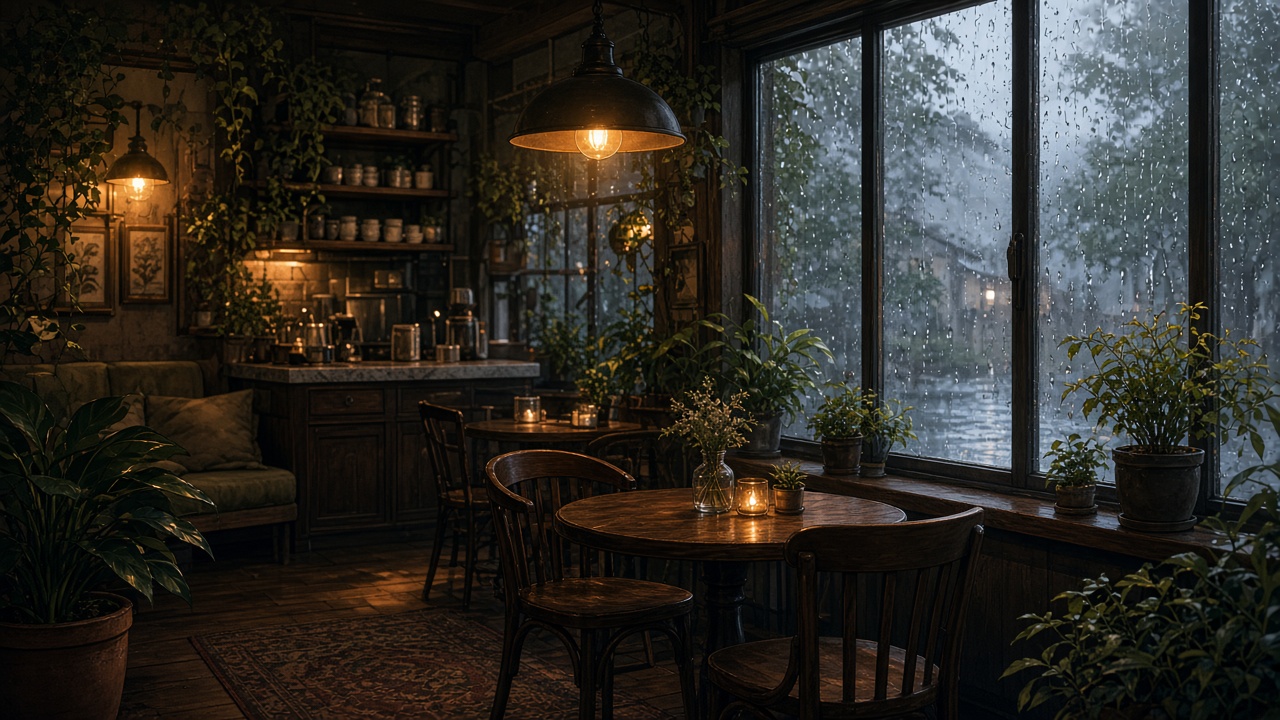 Anime-style cozy cafe interior on a rainy day, warm lamps, plants, window with rain, no people, no writing, original AI anime-style wallpaper