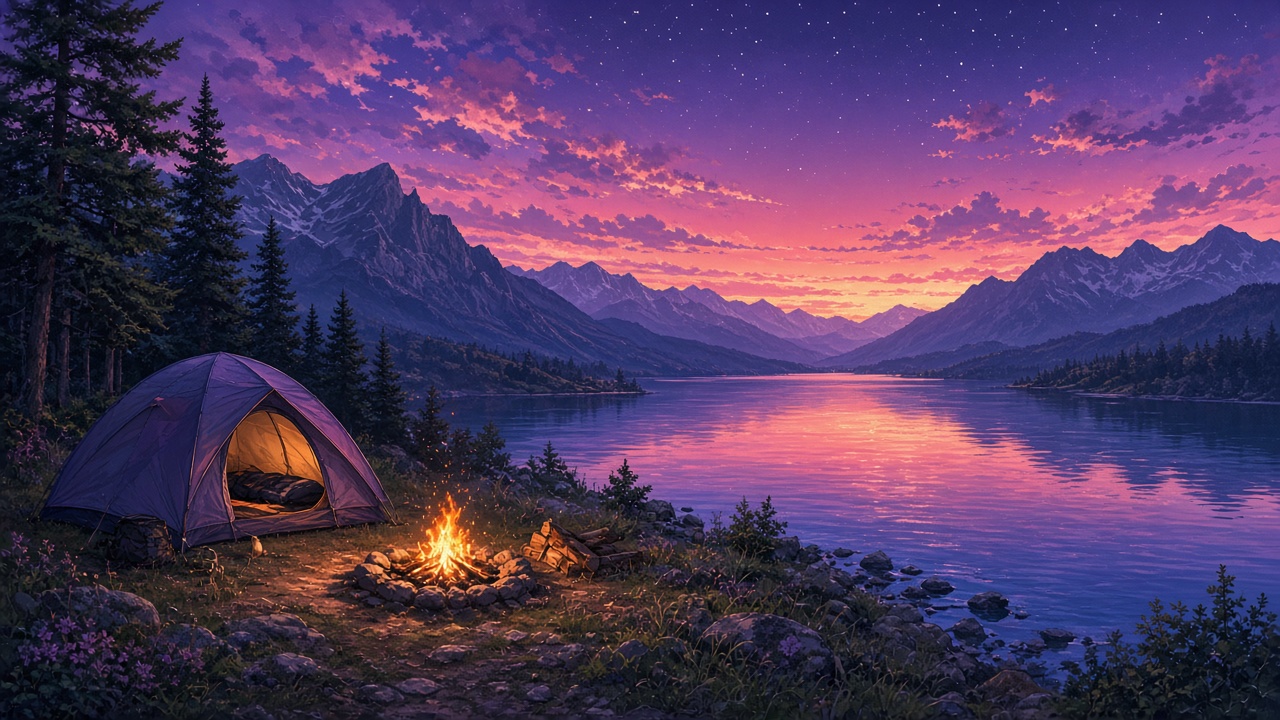 Anime-style scenery of a small tent and glowing campfire beside a calm mountain lake at dusk, pink and violet clouds, first stars appearing, no people, original AI anime-style wallpaper