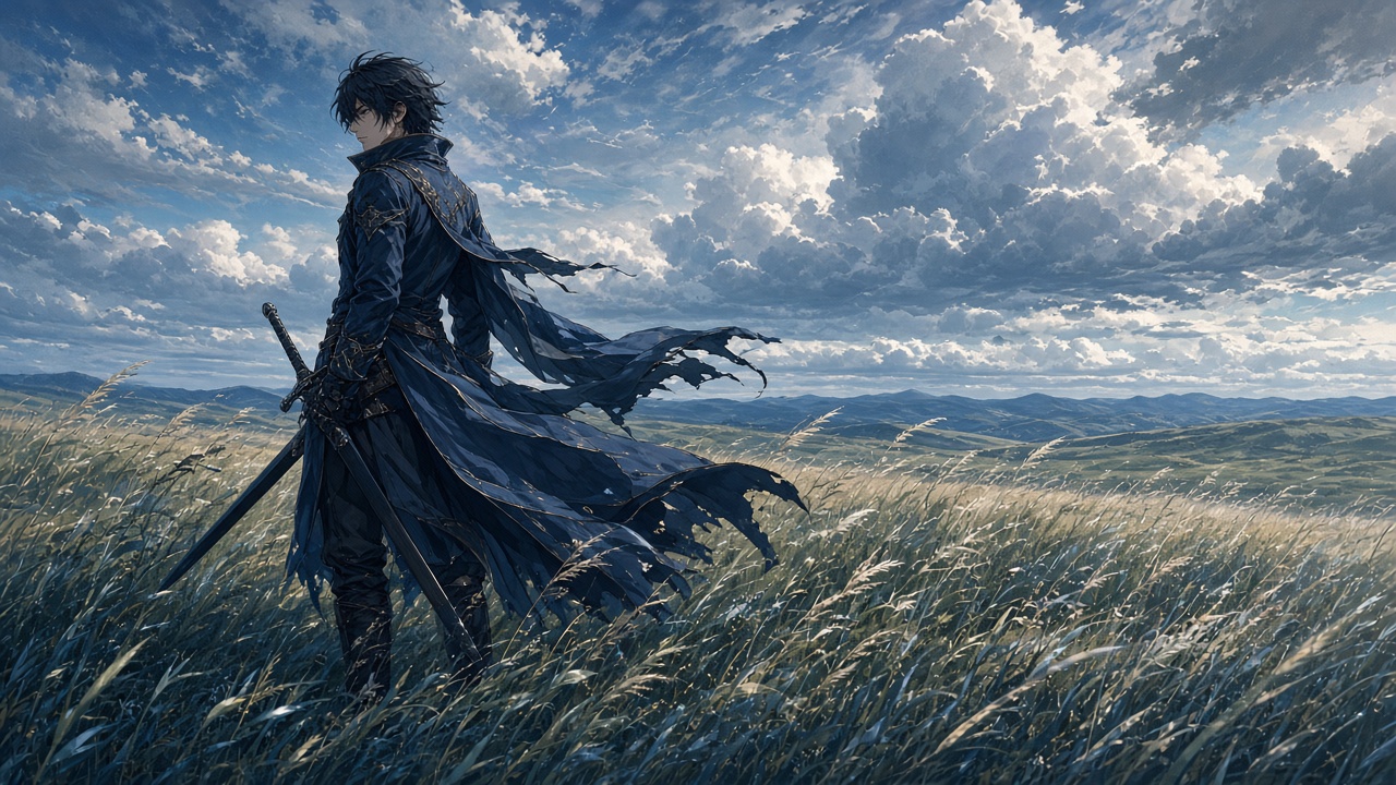 Anime-style original adult swordsman in a blue coat standing in a windswept grass field under clouds, original AI anime-style wallpaper
