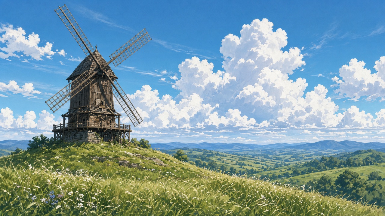 Anime-style scenery of an old wooden windmill on a grassy hilltop, wind sweeping the tall grass, huge white summer clouds and bright blue sky, no people, original AI anime-style wallpaper