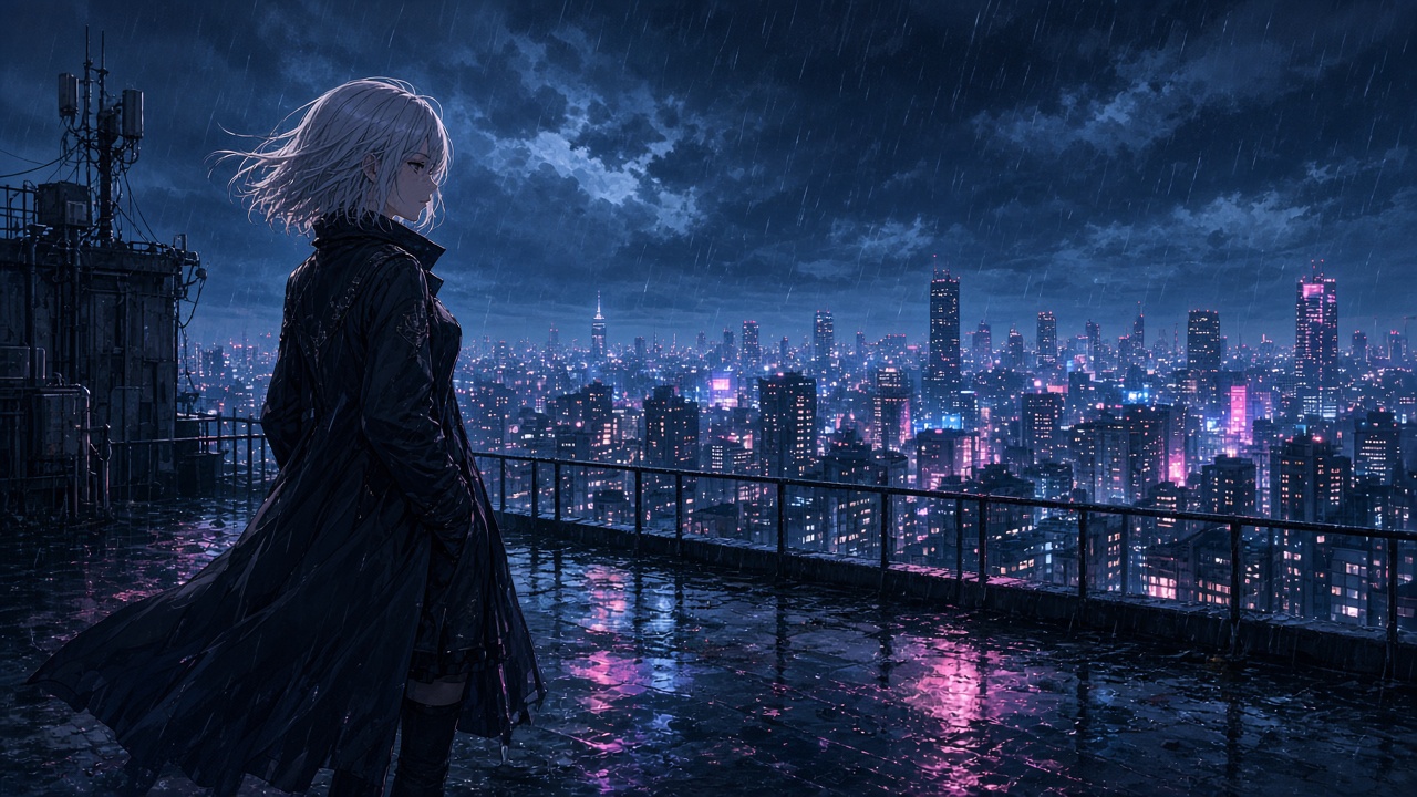 Anime-style woman with short silver hair and a long dark coat on a rainy rooftop above a neon city at night