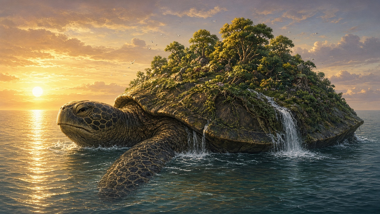 Colossal ancient sea turtle swimming through a calm ocean with a lush forest island and small waterfall growing on its shell, golden sunset light, epic fantasy creature, original AI character wallpaper