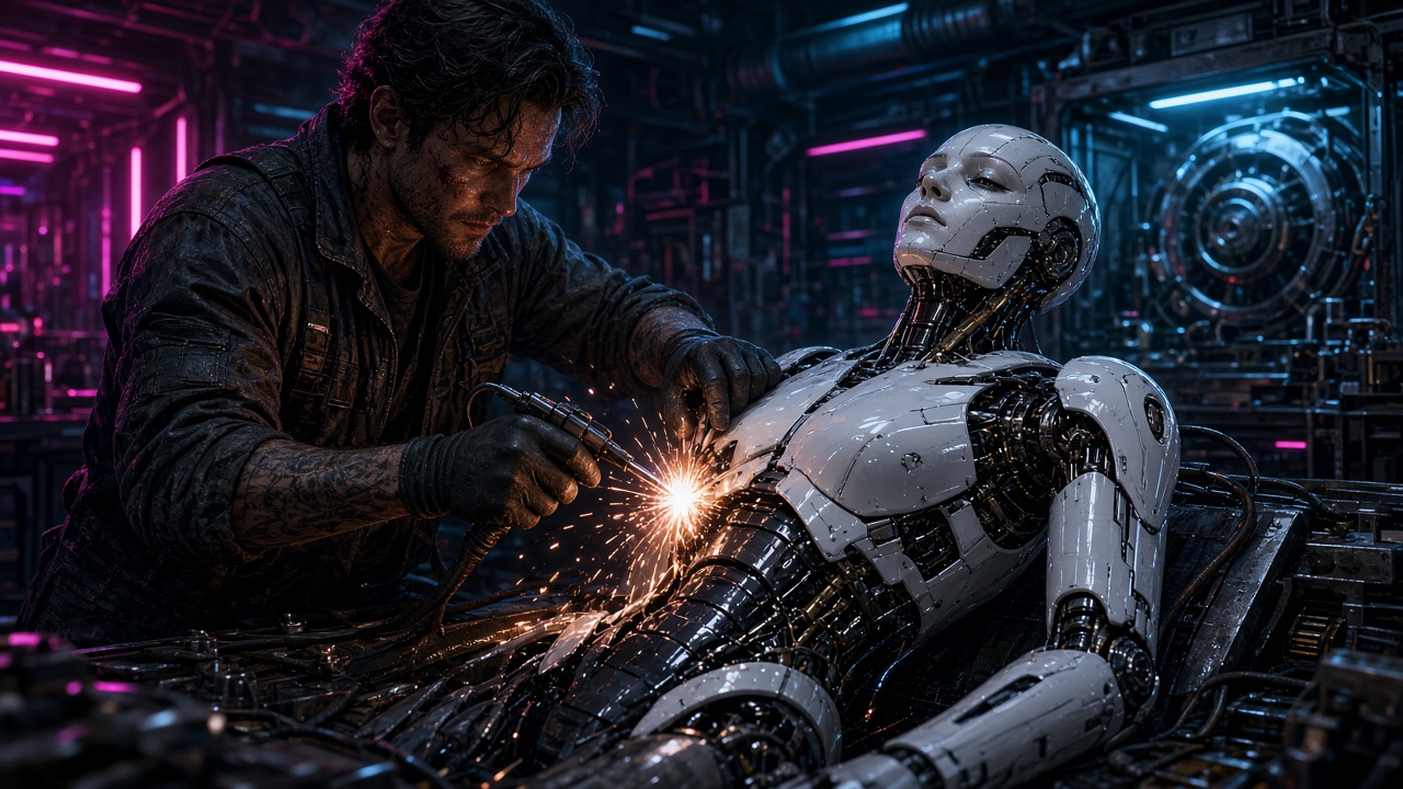 Original adult cyberpunk mechanic repairing a sleek android in a neon-lit garage, sparks flying, original AI character wallpaper