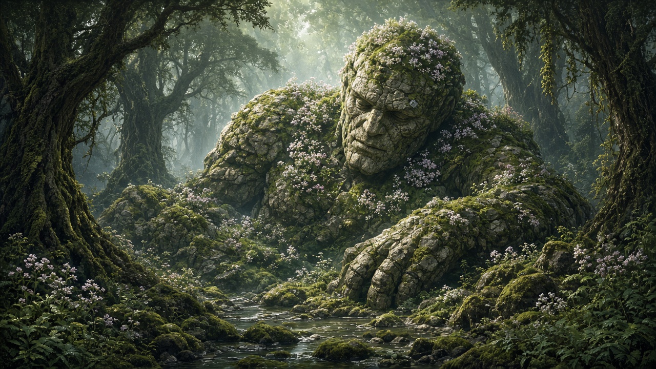 Original giant gentle stone golem covered in moss and flowers resting in an ancient forest, original AI character wallpaper