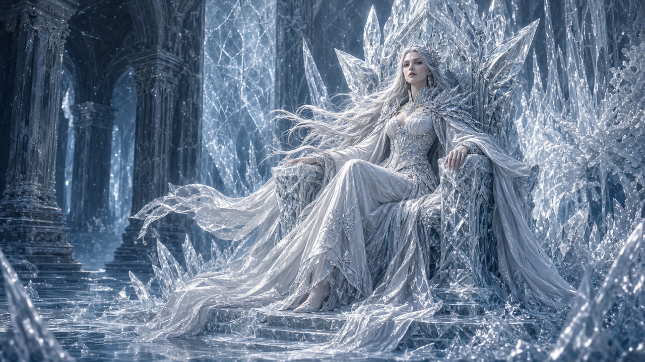 Original adult ice sorceress with flowing silver robes seated on a crystal ice throne in a frozen hall, original AI character wallpaper