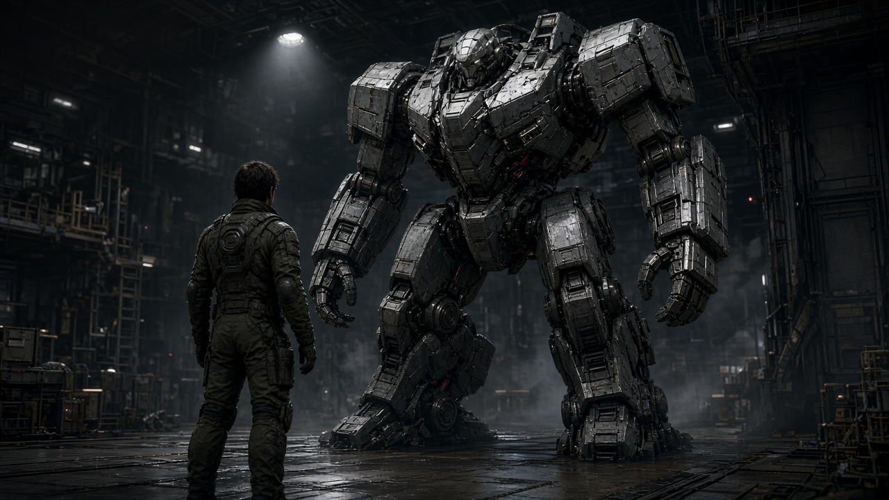 Original adult mech pilot in a flight suit standing before a giant original battle robot in a dim hangar, original AI character wallpaper