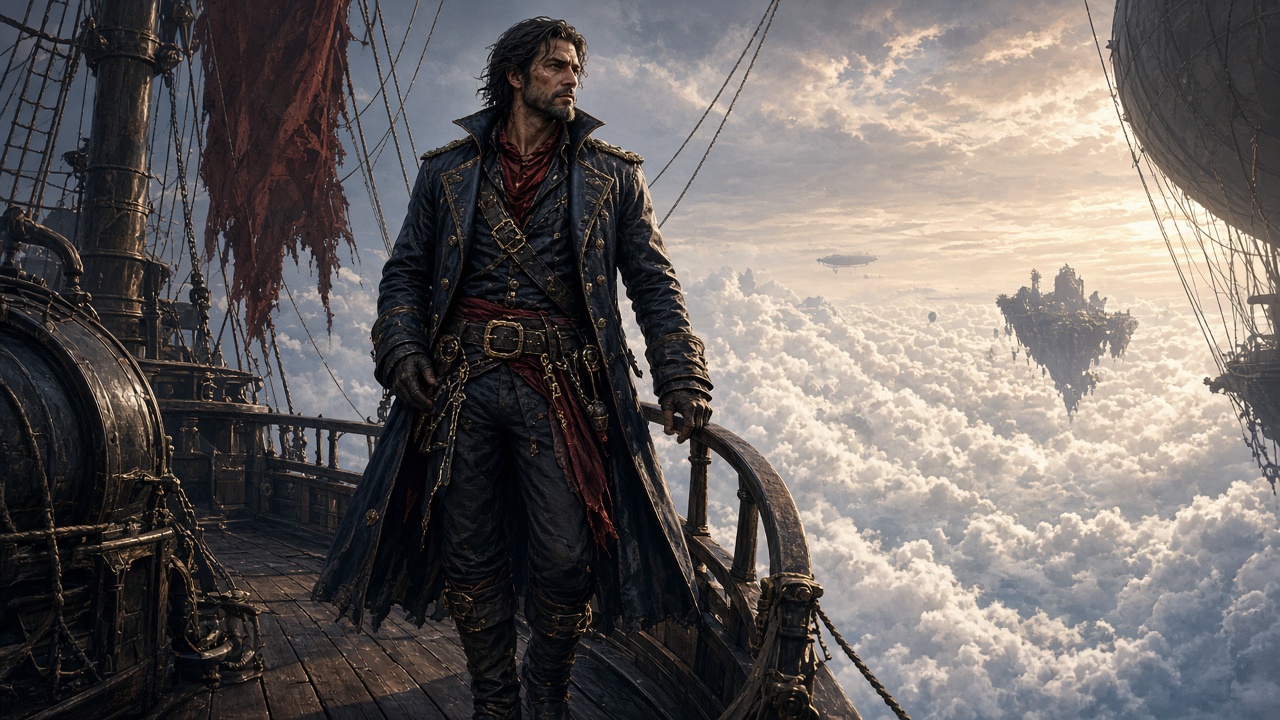 Original adult sky pirate captain with a long coat standing on the deck of a wooden airship above clouds, original AI character wallpaper