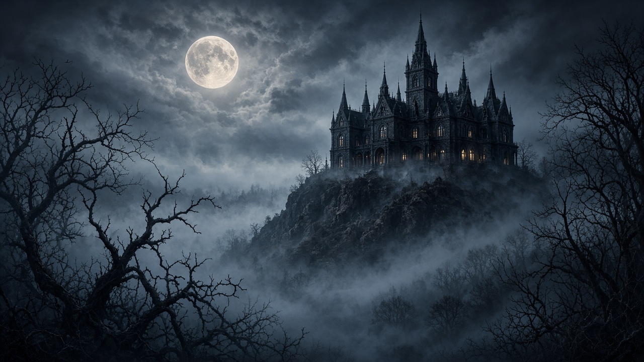 Old gothic mansion on a hill in thick fog under a full moon, bare trees, horror movie mood, original AI cinematic wallpaper