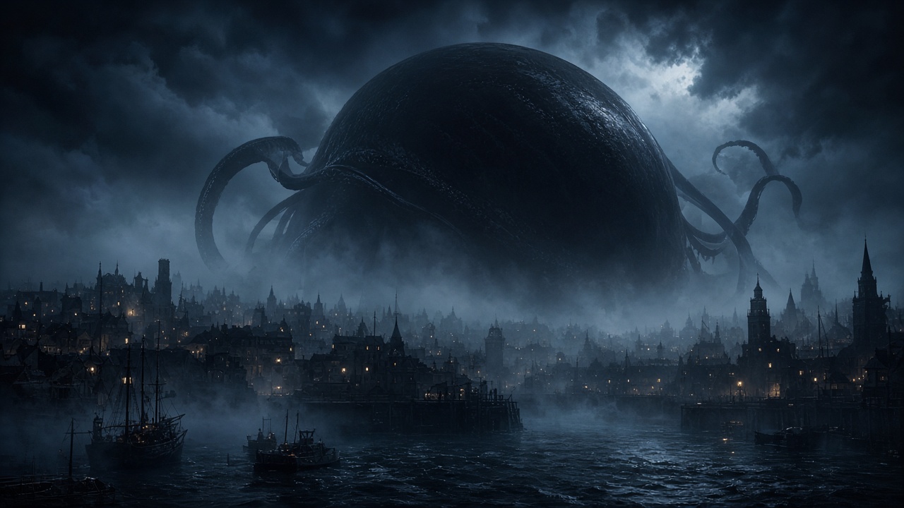Silhouette of a colossal original tentacled sea leviathan with a smooth domed head and no dorsal spikes rising behind a foggy harbor city at night, original AI cinematic wallpaper