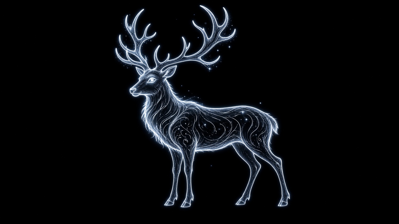 Elegant glowing white-blue line-art outline of a stag with large antlers on a pure black background, minimal, subtle sparkles, original AI dark AMOLED wallpaper