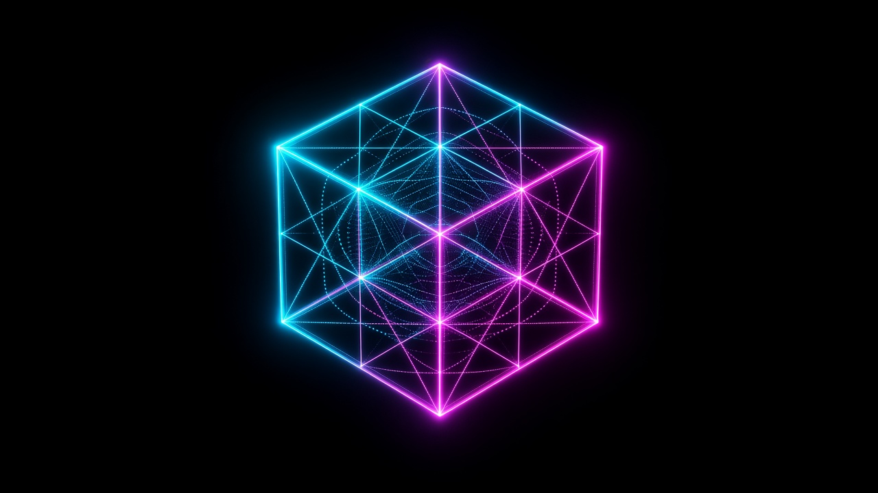 Glowing cyan and magenta neon wireframe cube floating on a pure black background, original AI dark AMOLED wallpaper