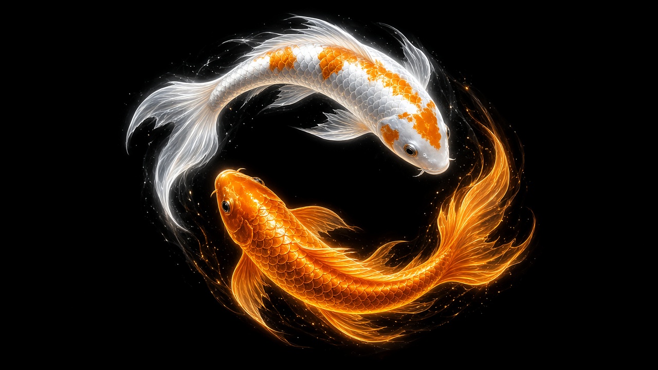 Two glowing white and orange koi fish swimming in a circle on pure black background, original AI dark AMOLED wallpaper