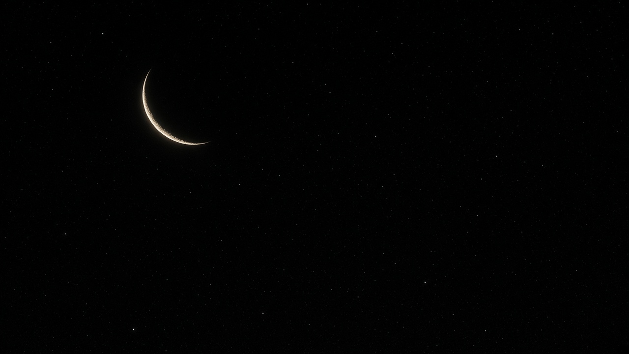 Thin glowing crescent moon on a pure black background, tiny faint stars, extreme minimal, original AI dark AMOLED wallpaper