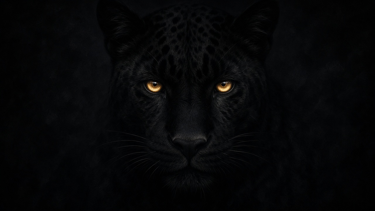 Black leopard face barely visible in total darkness, glowing golden eyes, mostly black frame, wildlife art, original AI dark AMOLED wallpaper