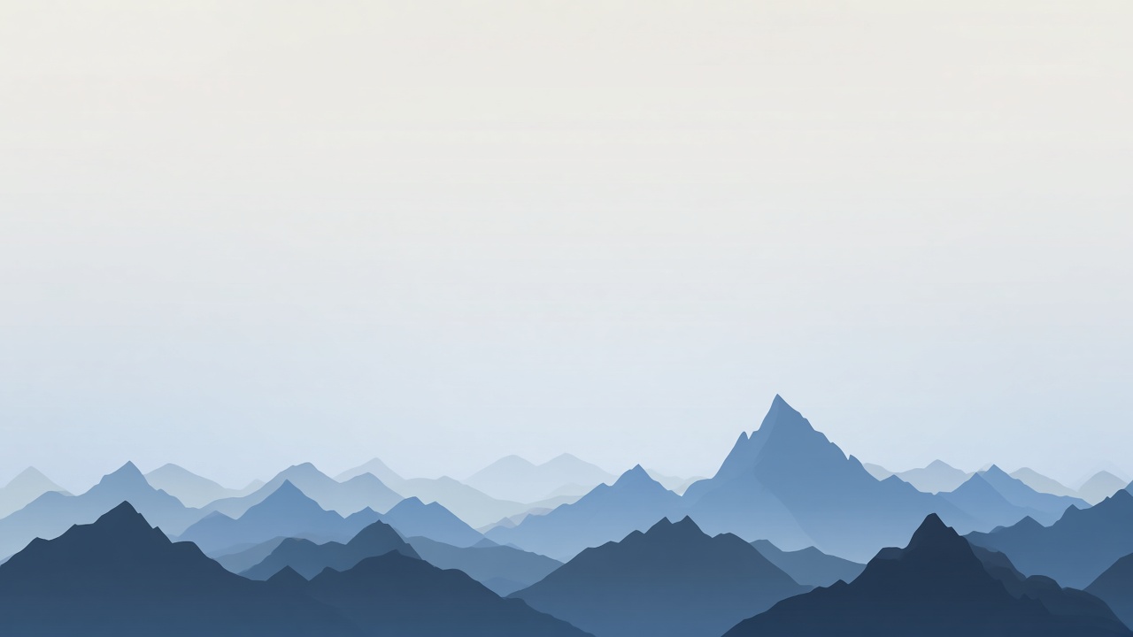 Minimal flat illustration of mountain silhouettes in muted blue tones with lots of empty sky, original AI device wallpaper