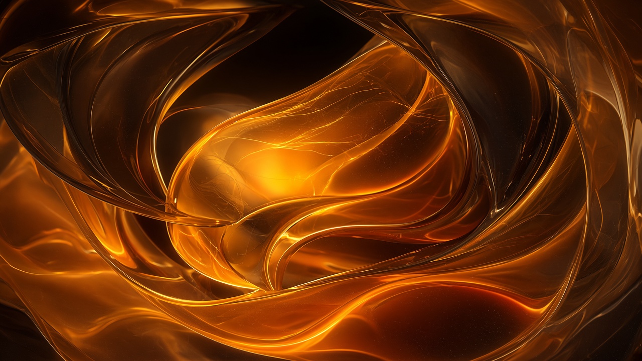 Abstract curved amber and orange glass layers with soft glow, vertical-friendly centered composition, original AI device wallpaper