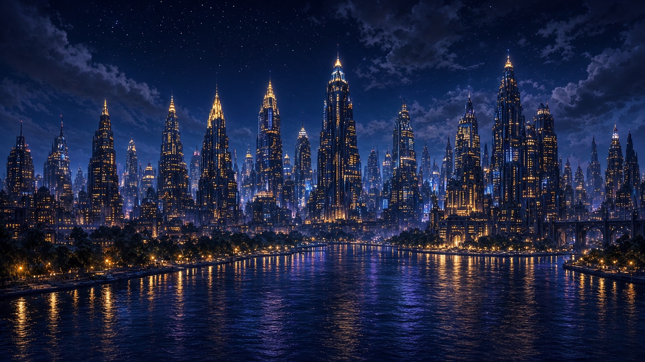 Wide panoramic fictional city skyline at night along a river, glowing lights, no signs, original AI device wallpaper