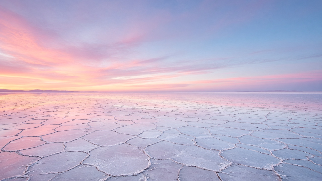 Extremely wide panorama of a white cracked salt flat reflecting a pastel pink and blue dawn sky, original AI device wallpaper