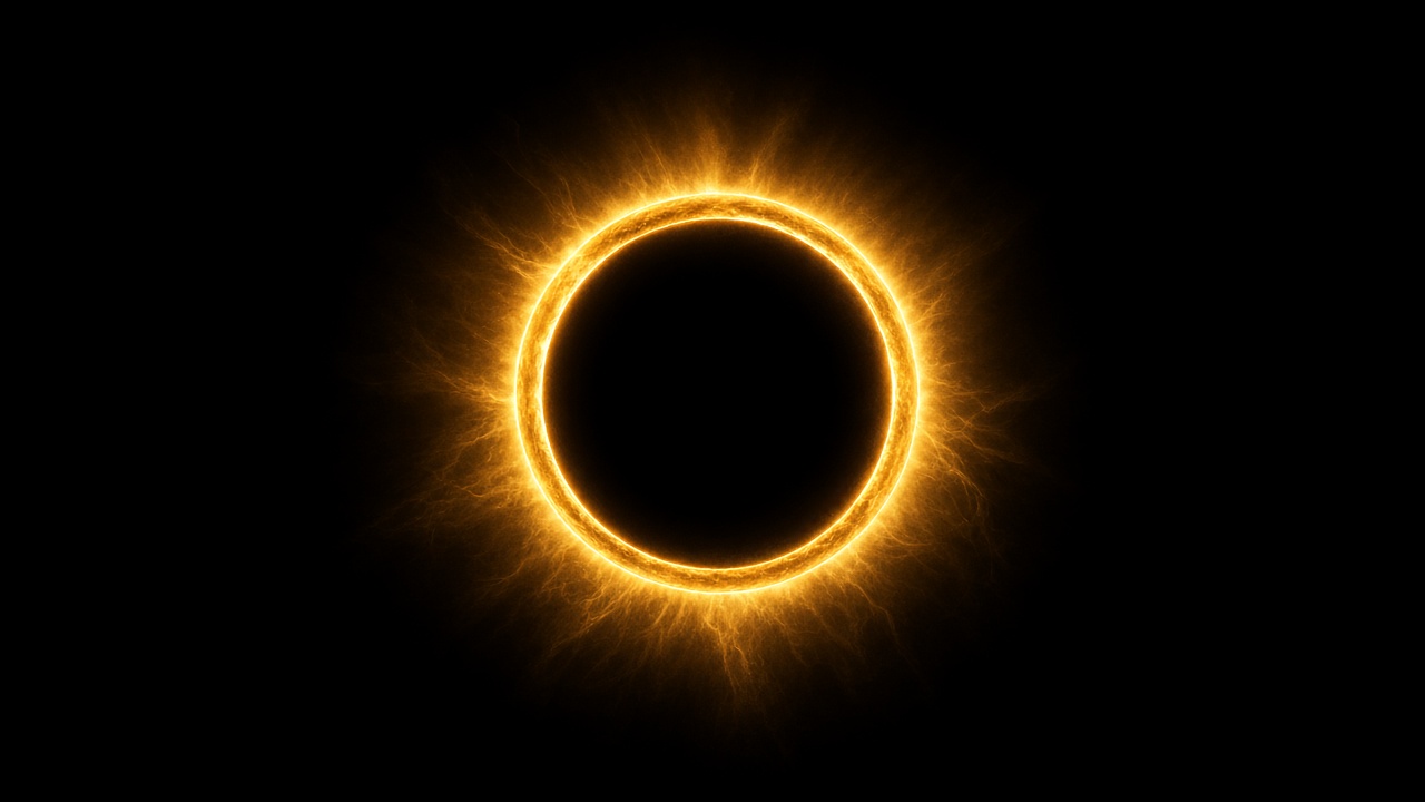 Centered glowing golden eclipse ring with soft corona on pure black, round composition, original AI device wallpaper