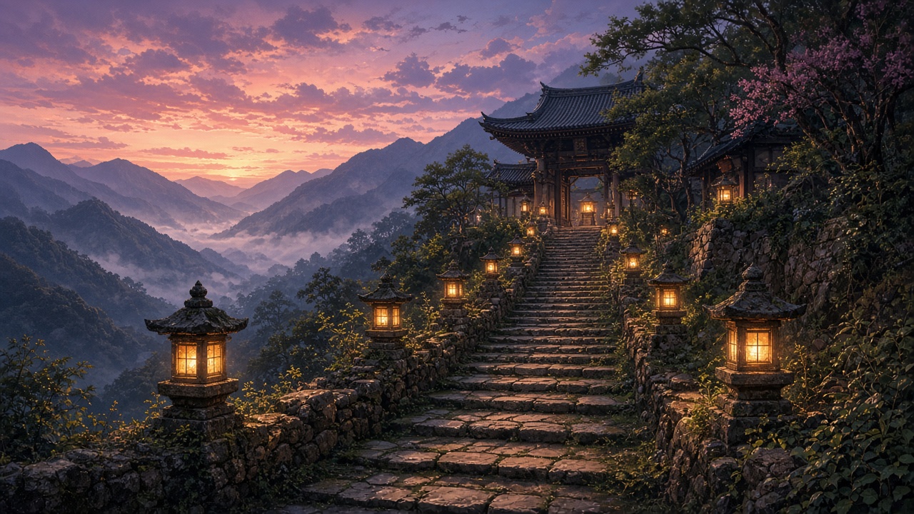 Stone staircase lined with glowing lanterns climbing toward a quiet mountain temple at dusk, original AI spiritual wallpaper