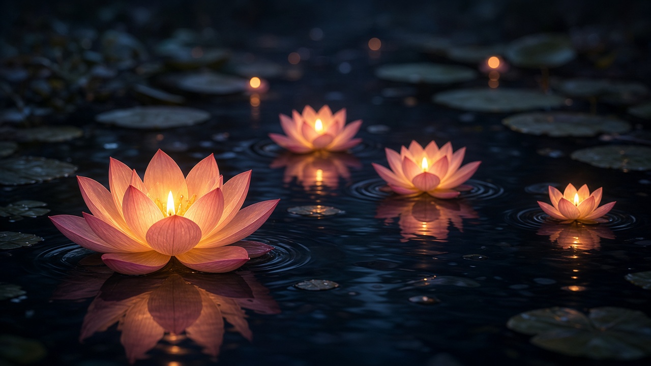 Floating lotus candles glowing on dark still water, calm meditative mood, original AI spiritual wallpaper