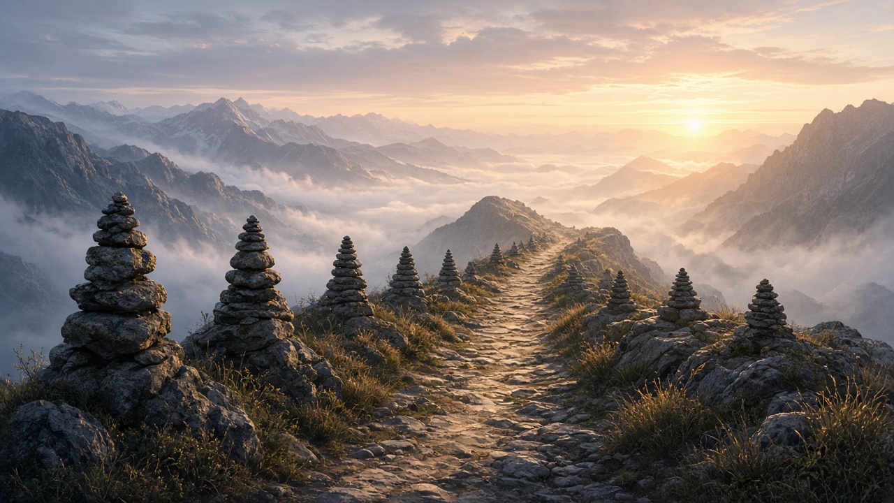 Balanced stone cairns lining a narrow mountain pilgrim path toward a soft sunrise, mist in the valleys below, peaceful and contemplative, original AI spiritual wallpaper