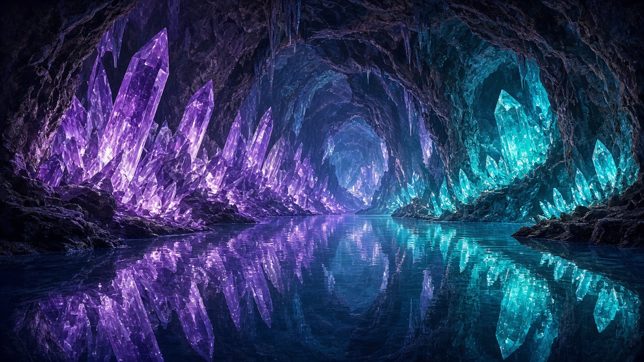 Vast cave with giant glowing amethyst and turquoise crystals, underground lake reflection, original AI fantasy wallpaper