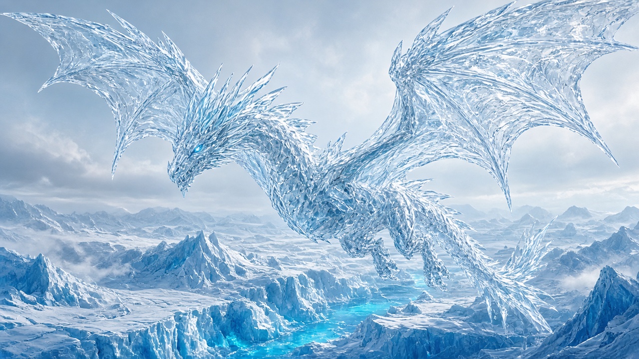 Majestic original translucent ice-crystal dragon soaring above a glowing blue glacier under a pale winter sky, original AI fantasy wallpaper
