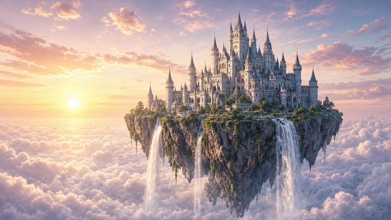 Majestic white castle on a floating rock above the clouds at sunrise, waterfalls spilling off, original AI fantasy wallpaper