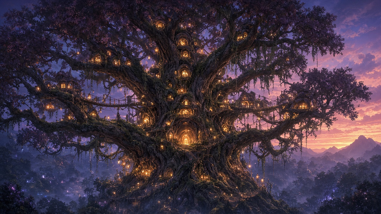 Colossal ancient tree with glowing homes and bridges built into its branches at twilight, original AI fantasy wallpaper