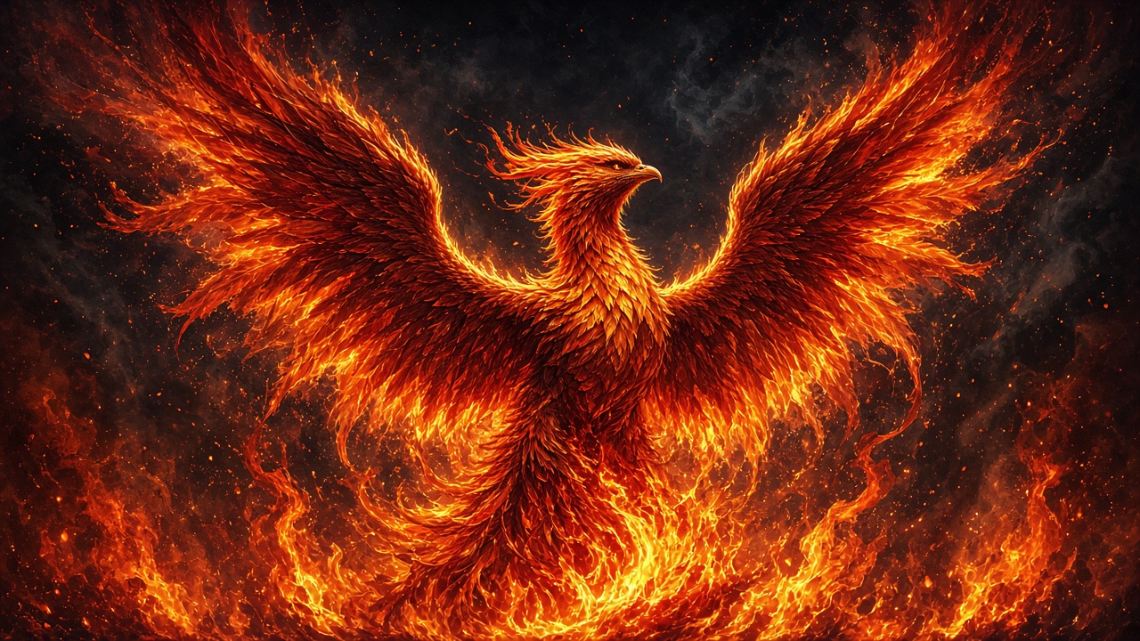 Majestic phoenix with fiery wings rising from flames against a dark sky, embers, original AI fantasy wallpaper