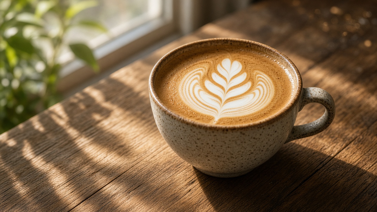 Cup of coffee with leaf latte art on a wooden table, morning window light, cozy, original AI food wallpaper