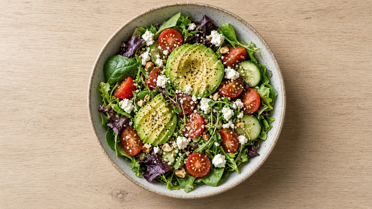 Overhead shot of a colorful fresh salad bowl with avocado, tomatoes and greens on light wood, original AI food wallpaper