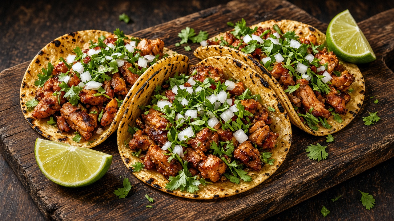 Three colorful street tacos with cilantro, onions and lime wedges on a rustic board, original AI food wallpaper