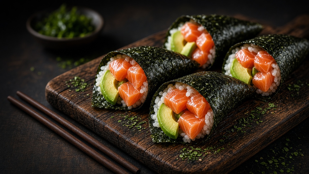 Fresh seaweed hand rolls with salmon and avocado on a dark wooden board with chopsticks, moody food photography, original AI food wallpaper