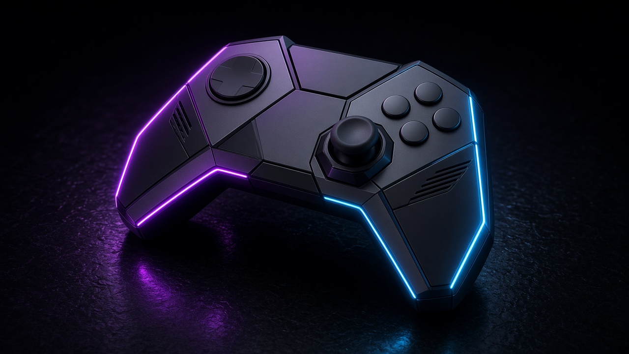 Fictional futuristic game controller with an angular asymmetric hexagonal shell and no touchpad, plain blank unlabeled buttons with no symbols, original design unlike any console brand, glowing with neon edge light on a dark reflective surface, original AI gaming wallpaper