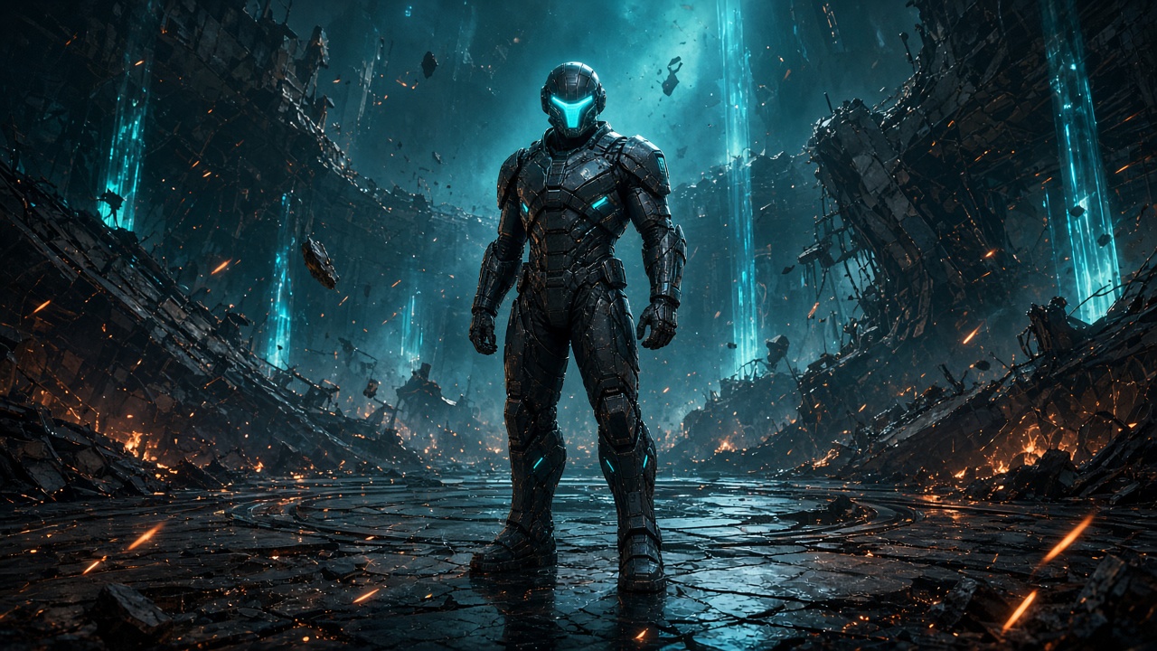 An armored sci-fi soldier with a glowing cyan visor standing in a ruined futuristic arena with sparks