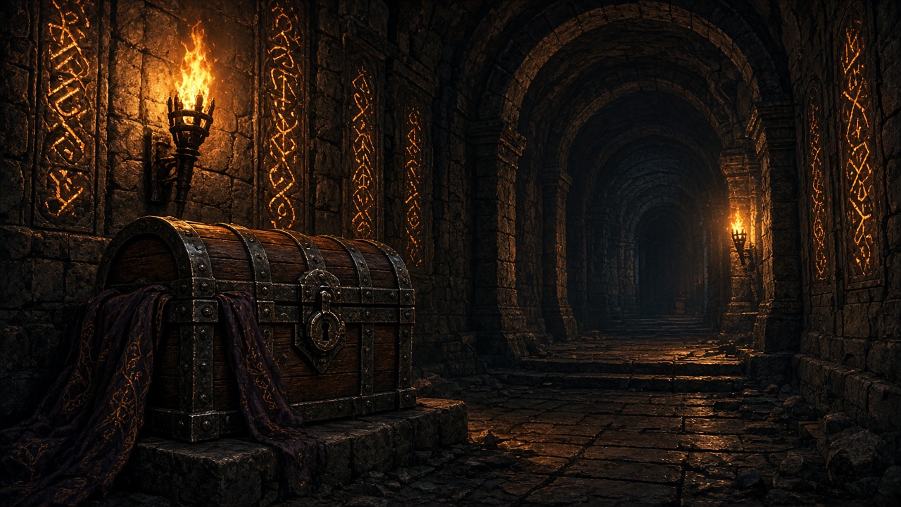 Torchlit stone dungeon corridor with a treasure chest and glowing runes, game environment art, original AI gaming wallpaper