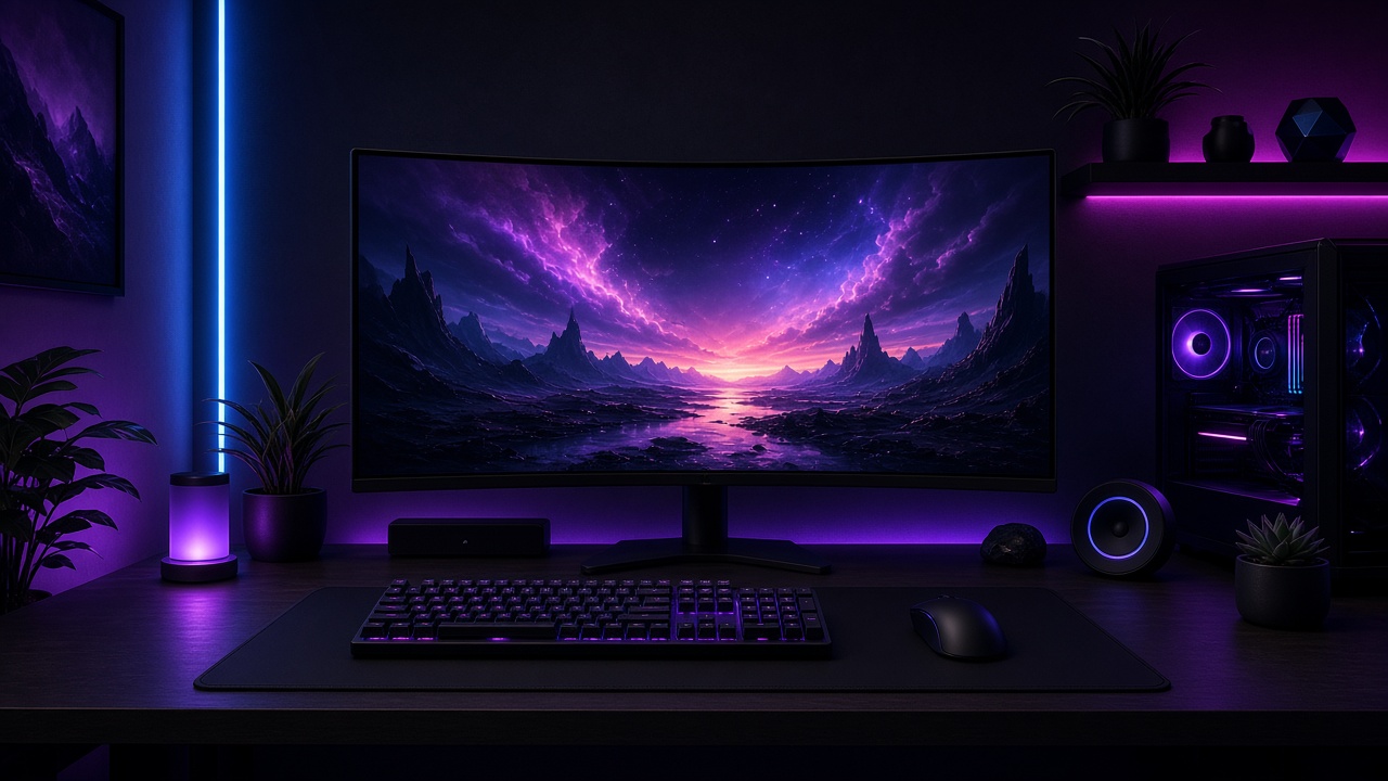 Clean dark gaming desk setup with RGB lighting, curved monitor showing an abstract landscape, no brands, original AI gaming wallpaper