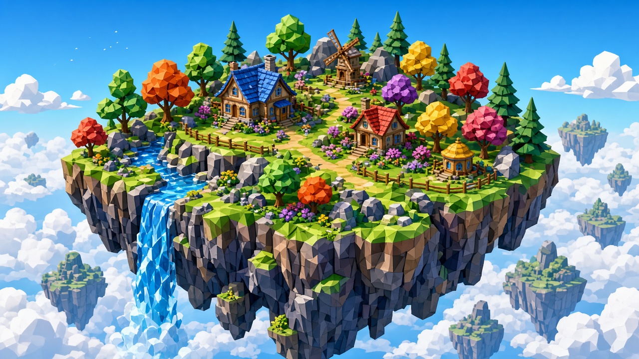 Colorful isometric low-poly floating island with tiny houses, waterfall and trees, game art style, original AI gaming wallpaper