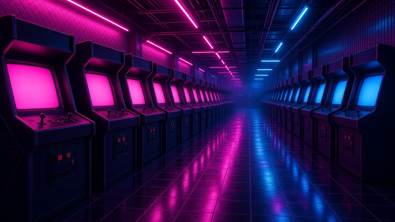 Retro arcade hall interior with rows of glowing unbranded cabinets, neon pink and blue light, blank screens, original AI gaming wallpaper