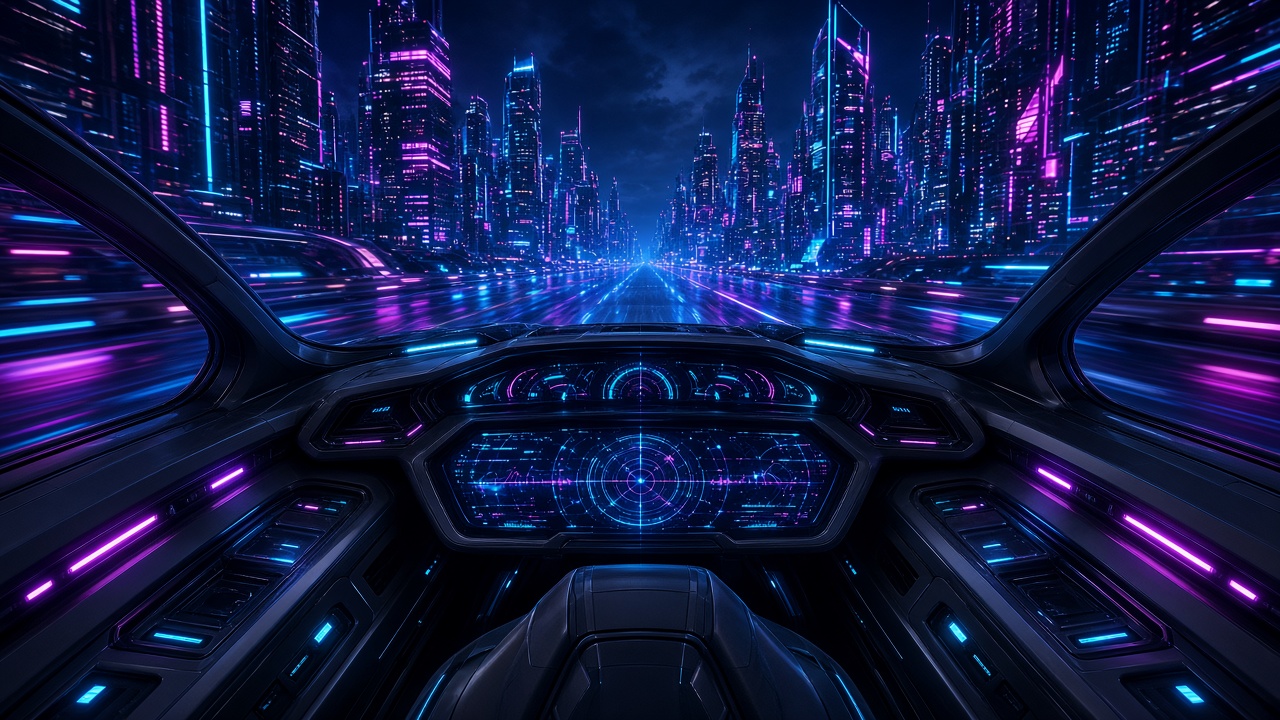 View from inside an original futuristic race car cockpit speeding through a neon city at night, original AI gaming wallpaper