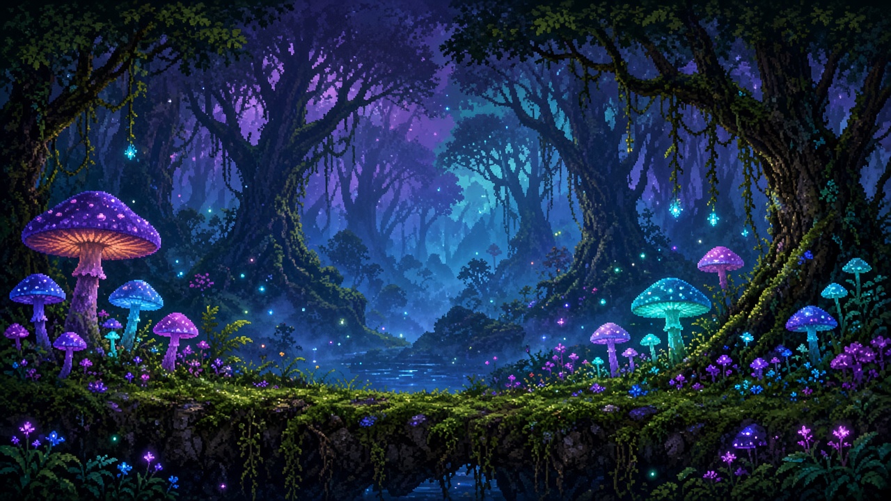 Detailed pixel art side-scrolling style enchanted forest with glowing mushrooms and layered parallax trees, original AI gaming wallpaper