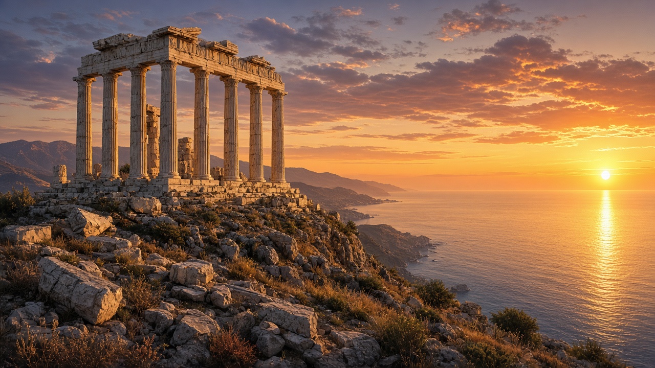 Ruined ancient marble temple with tall columns on a hill overlooking the sea at golden sunset, original AI history wallpaper