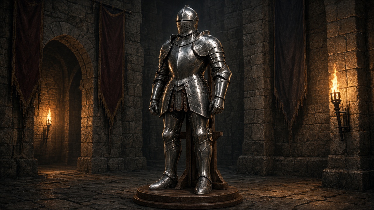 Full medieval plate armor on a stand in a torch-lit stone castle hall with banners, no symbols, original AI history wallpaper
