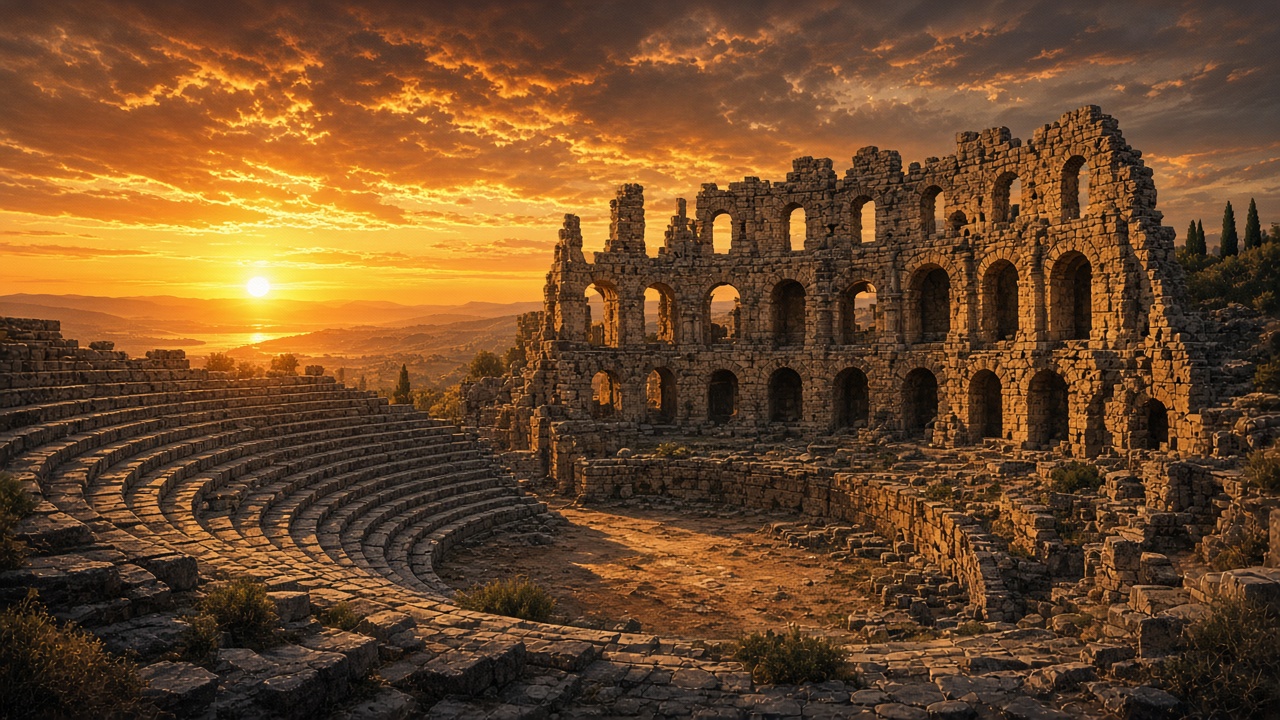 Ancient stone amphitheater ruins glowing in warm sunset light, dramatic sky, no people, original AI history wallpaper